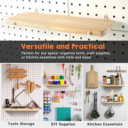 Solid Wood Pegboard Shelf, Pegboard Shelves with Pegboard Hooks, Pegboard Accessories for Craft Room, Garage, Gaming Room, 4 Pack