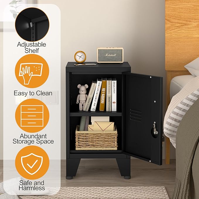 24.5"H Metal Locker Storage Cabinet with Lock - Small Lockable Employees Locking Cabinet Steel Locker Adjustable Shelf & Feet, Single Door Lockable Cabinet for Home, School, Office, Gym (Black)