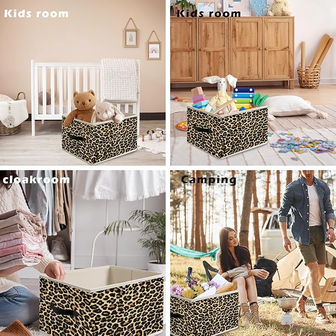 Brown Leopard Print Storage Bin Box with Handles, Cheetah Room Decor, Girly Y2k Wild Western Cheetah Foldable Organizer Basket Toybox for Girls Dorm Bedroom Bathroom Clothes Toys Books