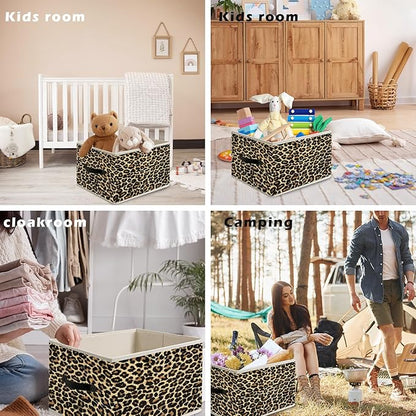 Brown Leopard Print Storage Bin Box with Handles, Cheetah Room Decor, Girly Y2k Wild Western Cheetah Foldable Organizer Basket Toybox for Girls Dorm Bedroom Bathroom Clothes Toys Books