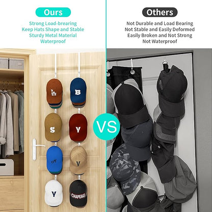 HapiRm Over Door Hat Rack - 2 Packs Hat Organizer with 8 Hooks Design, Hanging Baseball Cap Organizer Storage Holds Up to 40 Caps for Door, Bedroom, Closet (White)