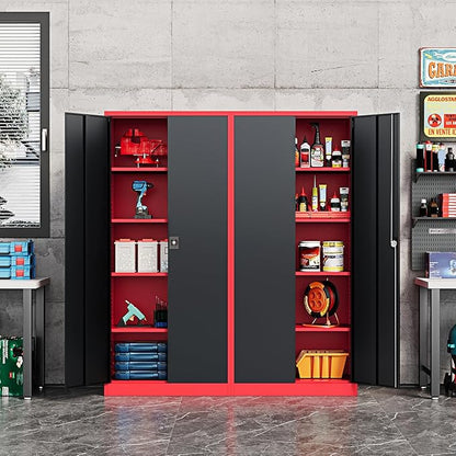 Metal Storage Cabinet-72” Tall Steel File Cabinets with Lockable Doors and Adjustable Shelves-Black&Red Steel Storage Cabinet for Kitchen, Office, Garage