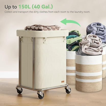 Laundry Basket with Wheels 150L/40Gal, Rolling Laundry Hamper with Steel Fram and Removable Washing Bag,Laundry Sorter Cart for Laundry Room,Hotel,Dorm,Cream and Silver