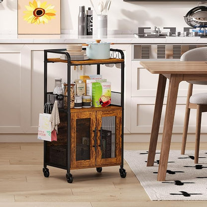Small Coffee Bar Cabinet with Storage, 3-Tier Rolling Coffee Bar Table, Farmhouse Coffee Cart Station with 2 Doors for Living Room, Dining Room, Rustic Brown