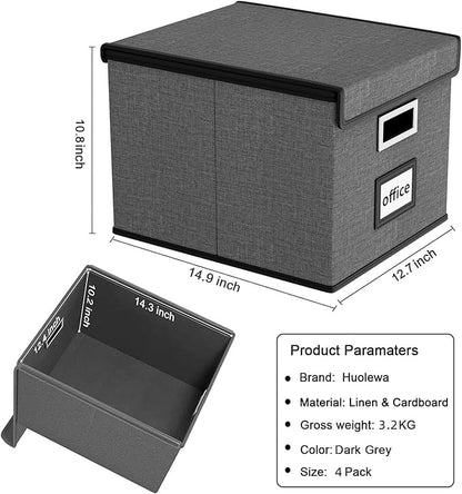 Huolewa File Organizer Box with Lid, Collapsible File Folder Organizer for Office Document Storage, Filing Box with Plastic Slide for Letter/Legal Size Hanging Files, Dark Grey