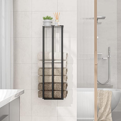 Towel Racks for Bathroom 31 Inch - Wall Mounted, Solid 2 Metal Shelves and 3 Vertical Bars, Can Holds 6 Large Rolled Bath Towels - for Modern Decor Bathroom Towel Storage (Matte Black)