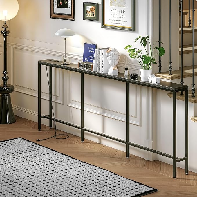 86.6" Behind Couch Table with Fast Charging Station, 7.1" Narrow Skinny Sofa Table with 2 Power Outlets, 2 USB-A, USB-C for Console Entryway, Black