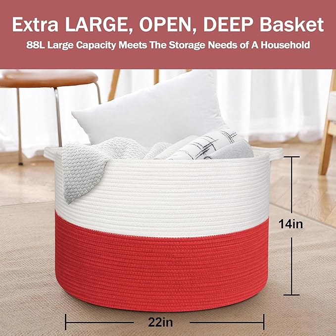 Large Red Baskets for Storage, 22x14 Wicker Woven Storage Basket, Blanket Organizer, Kids Toy Bin Box, Bathroom Beach Towel Basket, Basket for Gifts Decor, Fireplace Living Room Decoration