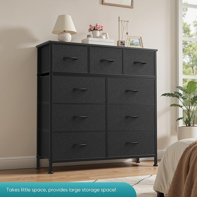 OLIXIS 9 Drawer Storage Dresser with Wood Top - Wide Fabric Chest Organizer for Bedroom, Closet, Living Room,Tower Cabinet, TV Stand, Hallway Entryway Furniture,Carbon Black