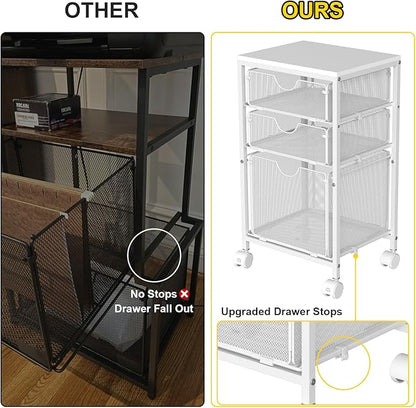 Rolling File Cart with 3 Storage Drawers, Wood & Mesh Hanging File Folder Organizer with Wheels Under Desk, File Cabinets for Home Office, 11.81" D x 14.8" W x 25.39" H, White