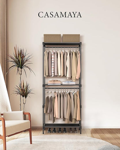 Clothes Rack, Portable Closet, 27.6 Inch Wardrobe Closet, Clothes Storage Organizer with Shelves and 2 Hanging Rods, Easy to Assembly, Black PCT001B01