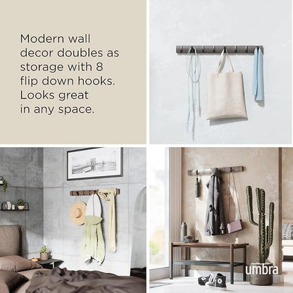 Umbra Flip Wall-Mounted Coat Rack with 8 Hooks – Modern, Space-Saving Storage for Hats, Jackets, Bags, Entryway, Mudroom, Closet, Bathroom, Bedroom – White/Nickel