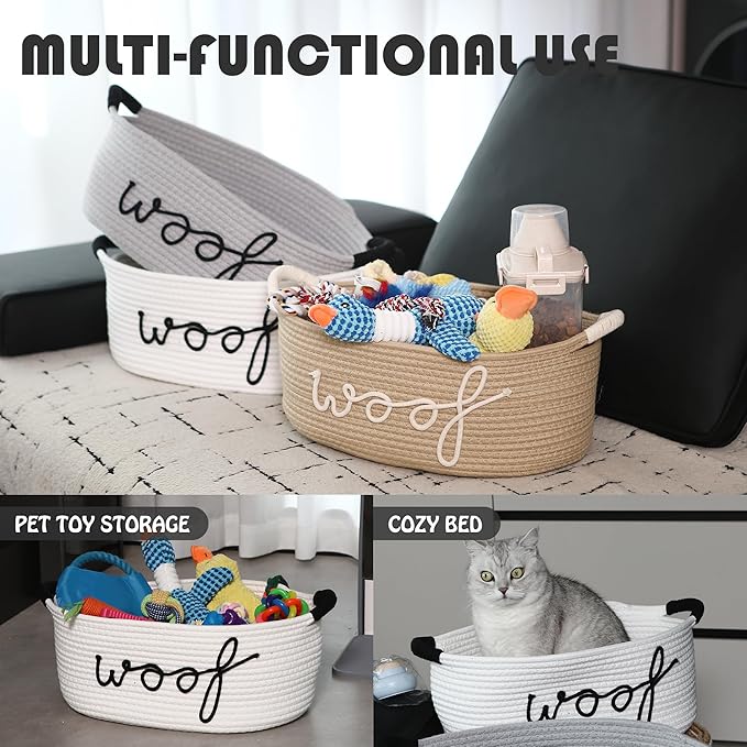 Sea Team Dog Toy Storage Basket with Handles, 16.5 x 11 x 7 Inches, 4.4 Gallons Large Cotton Rope Storage Bin, Shelf Basket, Organizer for Pet Chew Toys, Foods, White Woof