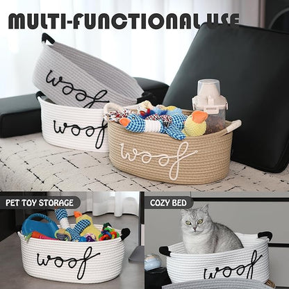 Sea Team Dog Toy Storage Basket with Handles, 16.5 x 11 x 7 Inches, 4.4 Gallons Large Cotton Rope Storage Bin, Shelf Basket, Organizer for Pet Chew Toys, Foods, White Woof