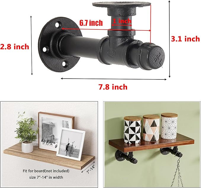 Pipe Shelf Bracket 7.8 inch Industrial DIY L Pipe Wall Bracket for 7 inch -14 inch Wood Floating Shelf Vintage Look Rustic Home Pipe Decor 6 Packs, Included Accessories