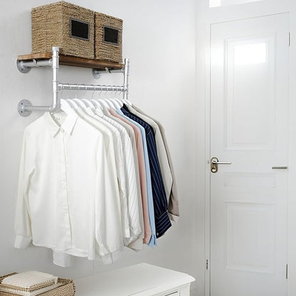 WEBI Wall Mounted Clothes Rack with Shelf,24" Industrial Pipe Clothing Rack with Shelf with Hanging Rod,Heavy Duty Iron Garment Rack Bar,Retail Display Clothes Rod for Laundry Room,Closet,Silver