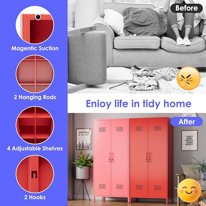 Aobabo Metal Wardrobe Closet with 2 Doors, Metal Wardrobe Cabinet with 4 Adjustable Shelves and 2 Hannging Rods, Storage Locker for Home, Red, Assembly Required