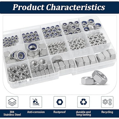 Metric Hex Nuts&Locknuts Assortment Kit(360Pcs)，M3 M4 M5 M6 M8 M10 M12 Stainless Steel Assorted Hex Nuts Sets,Bright Finish