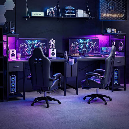 Grandder Gaming Desk 40 Inch with Power Outlet and LED Light, Computer Desk with Reversible Shelves and Storage Drawer, Pc Small Desk for Home Office Table with Bag, Carbon Fiber Black