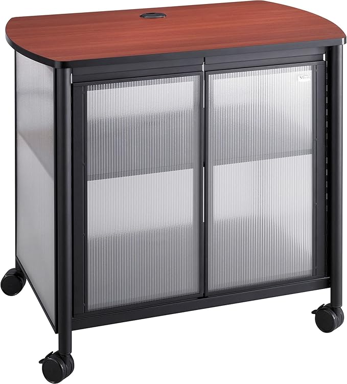 Safco 1859BL Impromptu Mobile Multi-Use Print Stand with Doors, Hide & Organize Supplies, Cherry Top, Black Frame, Weight 200 lbs. Capacity, Contemporary Design, Swivel Mobile Wheels