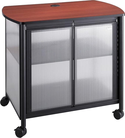 Safco 1859BL Impromptu Mobile Multi-Use Print Stand with Doors, Hide & Organize Supplies, Cherry Top, Black Frame, Weight 200 lbs. Capacity, Contemporary Design, Swivel Mobile Wheels