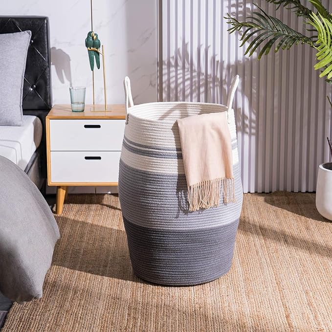 Cotton Rope Laundry Hamper by YOUDENOVA, 105L - Woven Collapsible Laundry Basket - Clothes Storage Basket for Blankets organizing, Bedroom Storage, Clothes Hamper – Grey