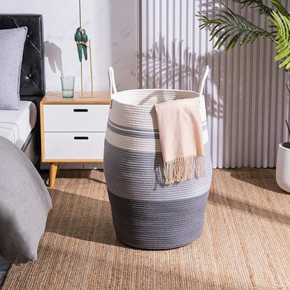 Cotton Rope Laundry Hamper by YOUDENOVA, 105L - Woven Collapsible Laundry Basket - Clothes Storage Basket for Blankets organizing, Bedroom Storage, Clothes Hamper – Grey