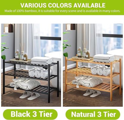 BMOSU 3-Tier Bamboo Shoe Rack Premium Stackable Shoe Shelf Storage Organizer for Hallway Closet Living Room Entryway Organizer (Black Bamboo)