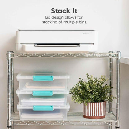 IRIS USA 6 Qt. Craft Storage Bins with Lids, 4-Pack, |Made in USA|, Clip Box, Small Plastic Sensory Bin Tote Organizer Containers for Art Supplies, Paper, & Office, Stackable - Clear/Seafoam Blue