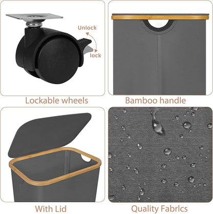 Laundry Basket with Wheels,100L Hampers for Laundry,Large Laundry Hamper with Lid and Bamboo Handles,Collapsible & Waterproof Tall Cloth Hamper for Dormitory Family,Grey