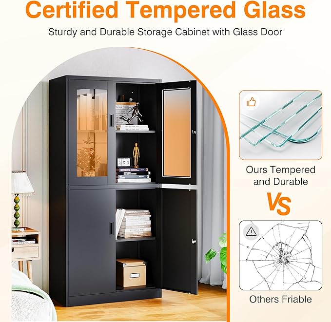 Metal Storage Cabinet with Glass Doors, Lockable Office Storage Cabinet, 71" Tall Display Case with Adjustable Shelves for Home Office,School and Hospital (Black)