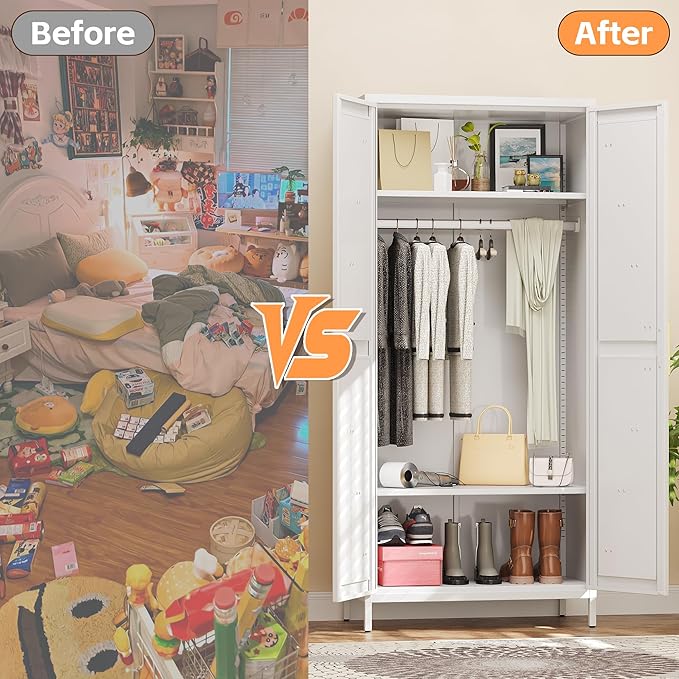 Aobabo 2 Door Metal Wardrobe Cabinet with Hanging Rod, Metal Wardrobe Closet with 2 Adjustable Shelves, Storage Lockers for Home,Office,Installation Required, White