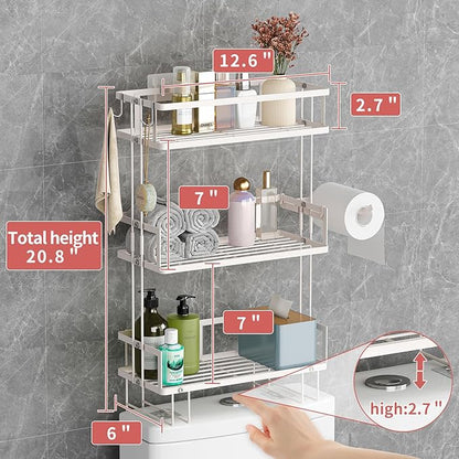 Godboat Bathroom Organizers and Storage, 3-Tier Over The Toilet Storage, Wall Shelf with Paper Holder and 2 Hooks, No Drilling Cool Decor and Home Decor, Gifts for Women, Mom, Mothers Day (White)