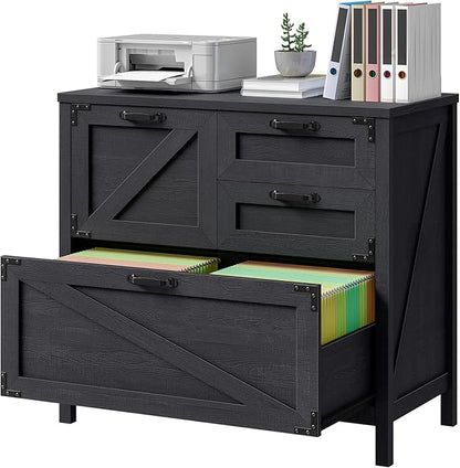 Vabches Wood Lateral File Cabinet with 4-Drawer for Hanging Files Letter/A4/Legal Size, Large Farmhouse Filing Cabinets for Home Office, Printer Stand with Office Cabinet, Office Furniture, Black