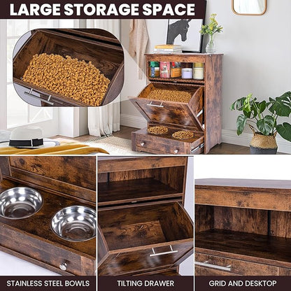 Dog Feeding Station with Storage,Pet Feeding Station Food Storage Cabinet with 2 Elevated Dog Bowls for Water and Feeding Supplies,Dog & Cat Storage Organizer with Drawer,Brown
