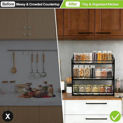 3 Tier Bamboo Spice Rack,Seasoning Jars Rack Shelf Spice Organizer for Kitchen Counter or Wall Mounting (Black)