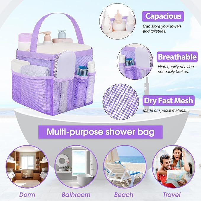 Attmu Mesh Shower Caddy Portable for College Dorm Room Essentials with 8 Pockets, Hanging Shower Caddy Dorm Basket, Quick Dry Shower Bag for Bathroom