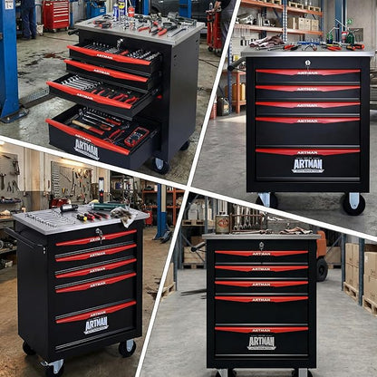 5-Drawer Rolling Tool Chest with Stainless Steel Countertop,Tool Chest with Secure Locking System,Mobile Storage Tool Cabinet with 360°Wheels and Padded Feet,for Home,Garage (Black+Red)