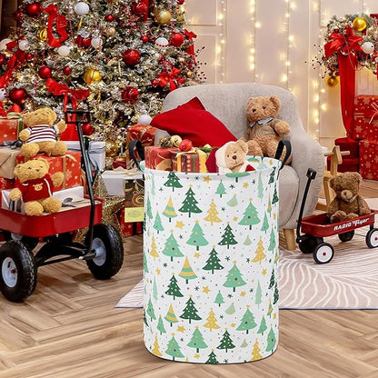 HUNRUNG Laundry Hamper,Large Canvas Fabric Lightweight Storage Basket Toy Organizer Dirty Clothes Collapsible Waterproof for College Dorms（Round-Green tree）
