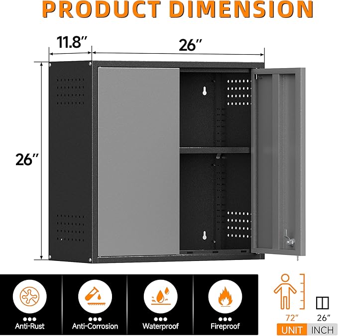 Garage Wall Cabinet, Metal Wall Cabinets with 2 Doors, Wall Cabinet with Lock, 26'' Gray Wall Mounted Floating Tool Cabinets for Home Office, Warehouse, Kitchen, Bathroom, Utility Room