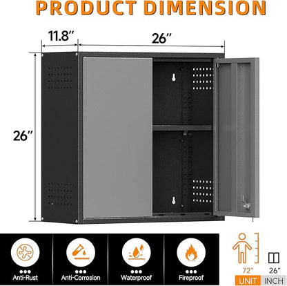 Garage Wall Cabinet, Metal Wall Cabinets with 2 Doors, Wall Cabinet with Lock, 26'' Gray Wall Mounted Floating Tool Cabinets for Home Office, Warehouse, Kitchen, Bathroom, Utility Room