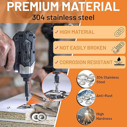 108-Piece, 18 Size, Stainless Steel Flat Washers Assortment Kit, Metal Screw Washers Set for Bolts, Industrial, Covering M3, M4, M5, M6, M8, M10, M12