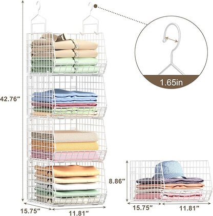 4" Extra Deeper Foldable Hanging Closet Organizer, Small Wire Cabinet Shelves and Storage with 5 S Hooks,4 Tier Metal Basket Bins for Clothes Sweaters Handbags, Wardrobe for Kitchen Laundry Room，White