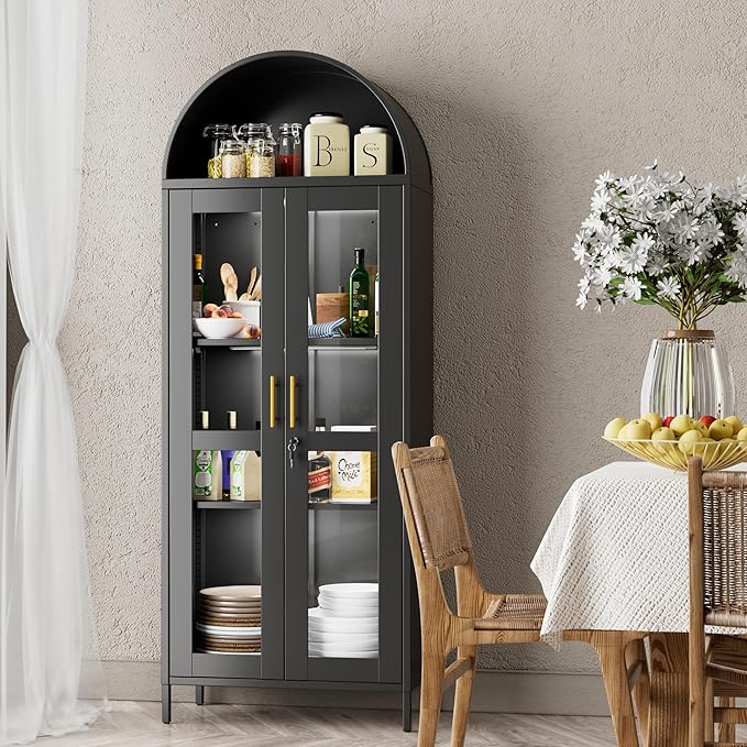Metal Arched Display Cabinet with 3 Lights,Lockable Arch Cabinet with Glass Doors and 2 Adjustable Shelf for Home Office,Assembly Required,Black
