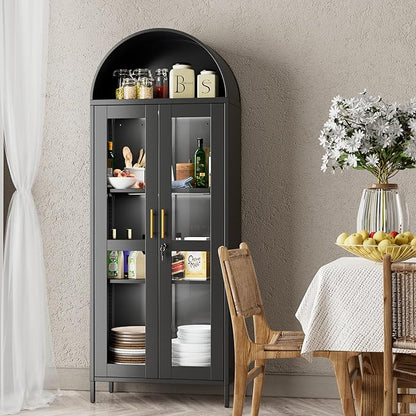 Metal Arched Display Cabinet with 3 Lights,Lockable Arch Cabinet with Glass Doors and 2 Adjustable Shelf for Home Office,Assembly Required,Black