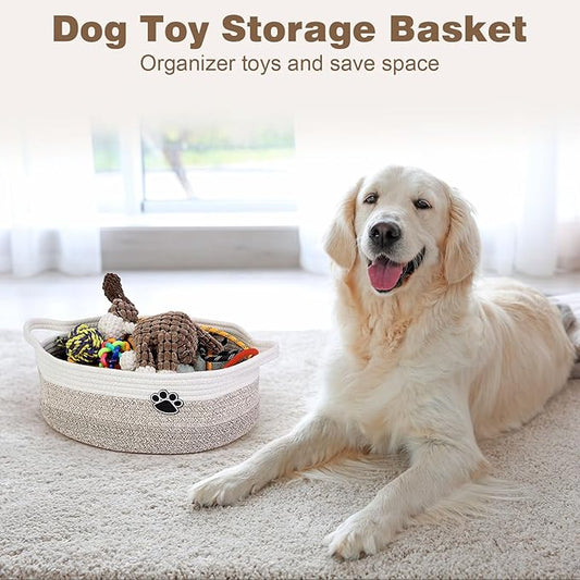 Dog Toy Basket, Toy Box and Bin for Dog Cat Storage, 13.5" X 11" X 5" Small Woven Rope Basket for Baby Storage, Closet, Living Room, White & Brown