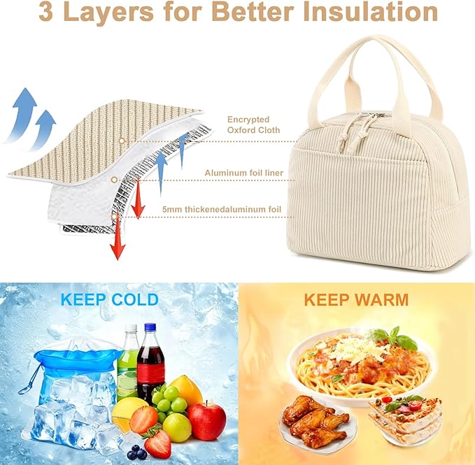 Bluboon Lunch Bag for Women Men Cute Corduroy Lunch Tote Bags Reusable Insulated Lunch Box Large Capacity Reusable Insulated Cooler for Work Picnic or Travel
