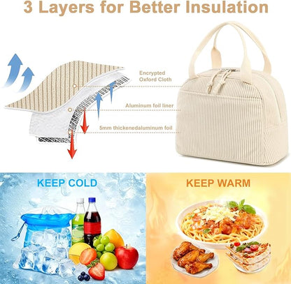 Bluboon Lunch Bag for Women Men Cute Corduroy Lunch Tote Bags Reusable Insulated Lunch Box Large Capacity Reusable Insulated Cooler for Work Picnic or Travel