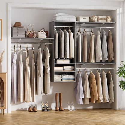Cyclysio 96 Inch Closet System, 8 FT Hanging Closet Organizer System, Walk in Closet System with 4 Adjustable Rods and 3 Shelving Towers for 4-8FT Spaces(Cut-to-Fit), Gray
