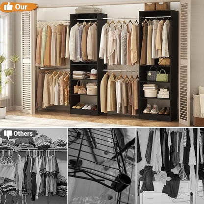 Homieasy Closet Organizer System, 4.5-10ft Modular Wooden Storage with 5 Hanging Rods & Shelving Tower, Adjustable for Walk-in Reach-in Bedroom Closets, Black